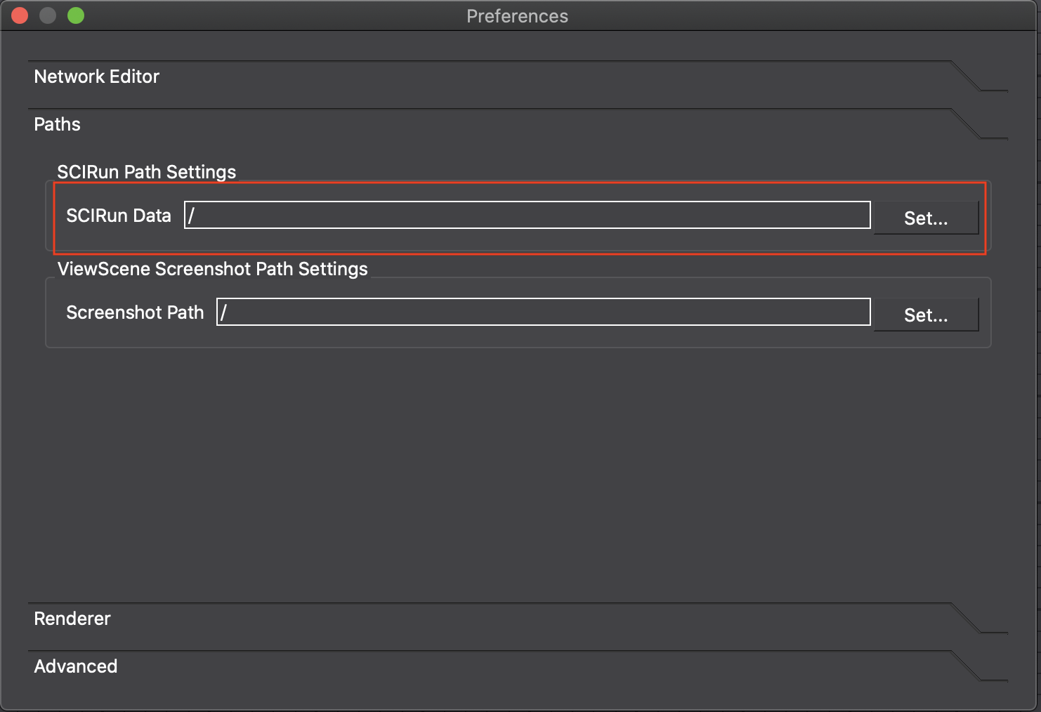 Screen shot showing where the SCIRun Data Path.  Image shows the Paths tab of the SCIRun preference window and highlights the first text box labeled SCIRun Data Path.